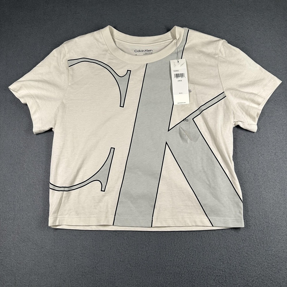 Calvin Klein Shirt Womens Large White Crew Neck Short Sleeve Cropped Logo CK NWT